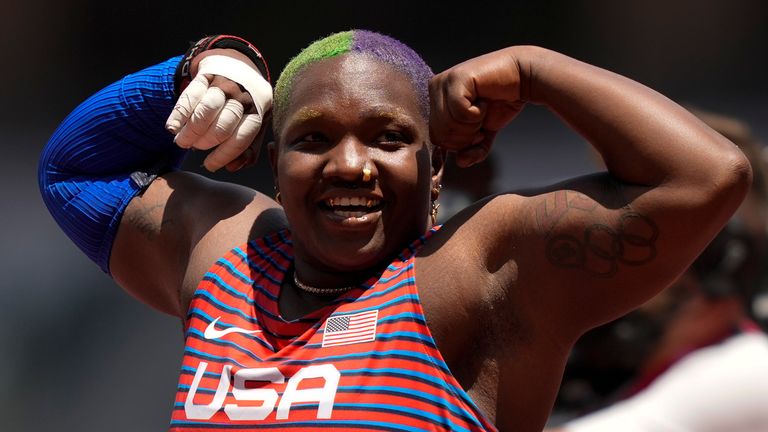 US athlete Saunders reacts as she goes for a medal in the women&#39;s shot put final at the 2020 Summer Olympics