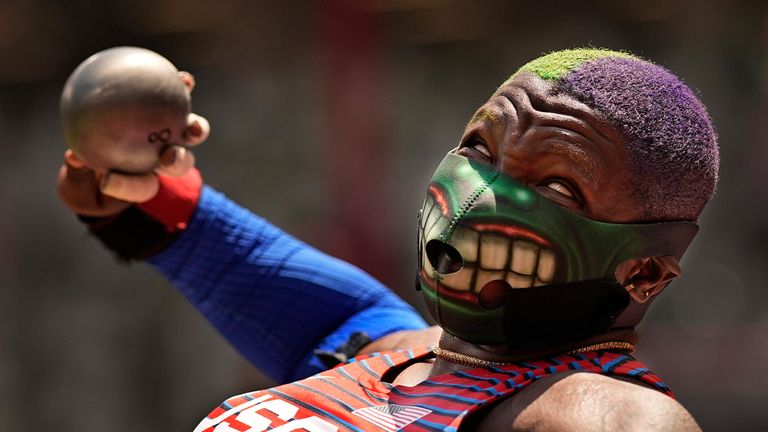 Saunders with her famous face Hulk face mask in the final of the women's shot put in Tokyo