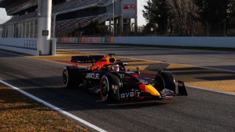 Max Verstappen takes to the track in the new Red Bull on the opening day of testing in Barcelona (