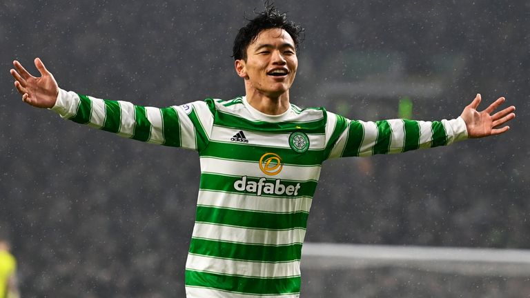 Reo Hatate celebrates giving Celtic an early lead against Rangers