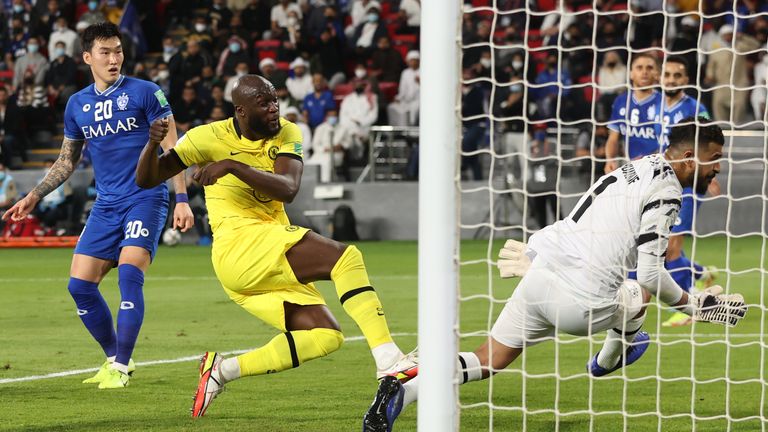 Romelu Lukaku of Chelsea scores a goal to make it 0-1 during the FIFA Club World Cup UAE 2021 Semi Final match between Al Hilal and Chelsea
