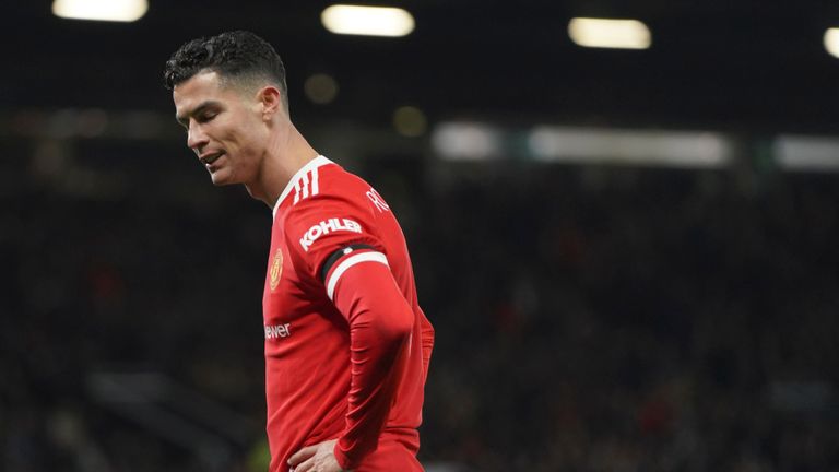 Manchester United&#39;s Cristiano Ronaldo reacts during the English FA Cup fourth round soccer match between Manchester United and Middlesbrough at Old Trafford stadium in Manchester, England, Friday, Feb. 4, 2022. 