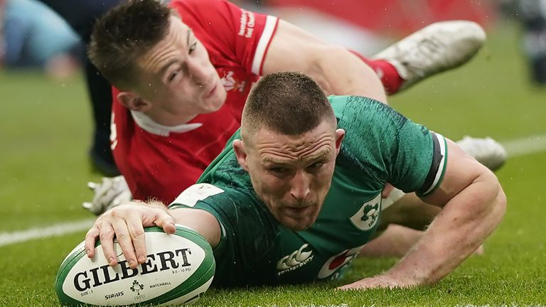 Andrew Conway scores a try against Wales in the Six Nations