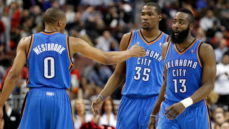 Russell Westbrook, Kevin Durant and James Harden during an OKC Thunder game in February 2012