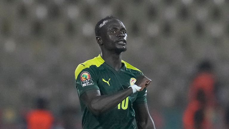 Senegal&#39;s Sadio Mane celebrates after scoring a goal during the African Cup of Nations 2022 semi-final soccer match between Burkina Faso and Senegal