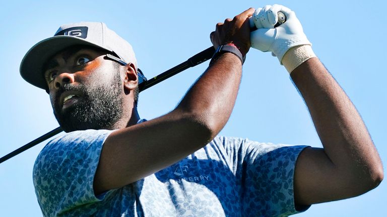 Sahith Theegala hits his tee shot at the third hole during the final round of the Phoenix Open golf tournament Sunday, Feb. 13, 2022, in Scottsdale, Ariz. (AP Photo/Ross D. Franklin)