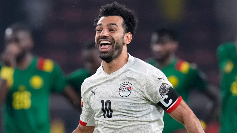 Egypt's Mohamed Salah celebrates after winning the African Cup of Nations 2022 semi-final soccer match against Cameroon at the Olembe stadium in Yaounde, Cameroon, Thursday, Feb. 3, 2022. Egypt beat Cameroon 3-1 on penalties. 