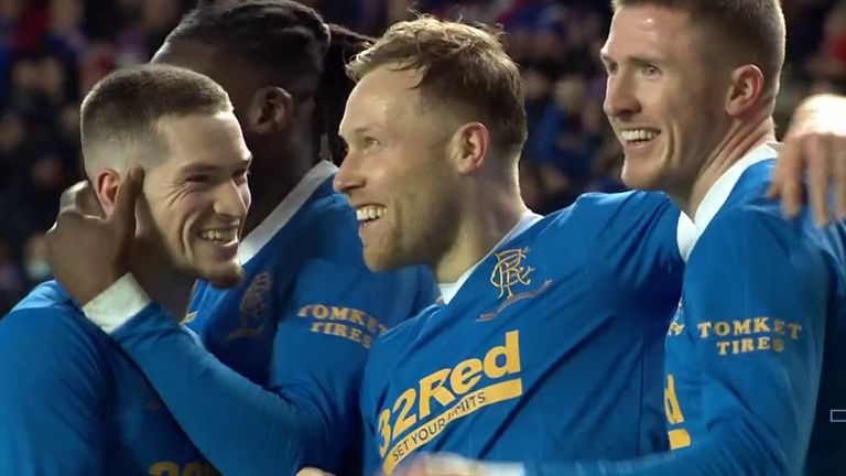 Scott Arfield celebrates with teammates after making it 4-0