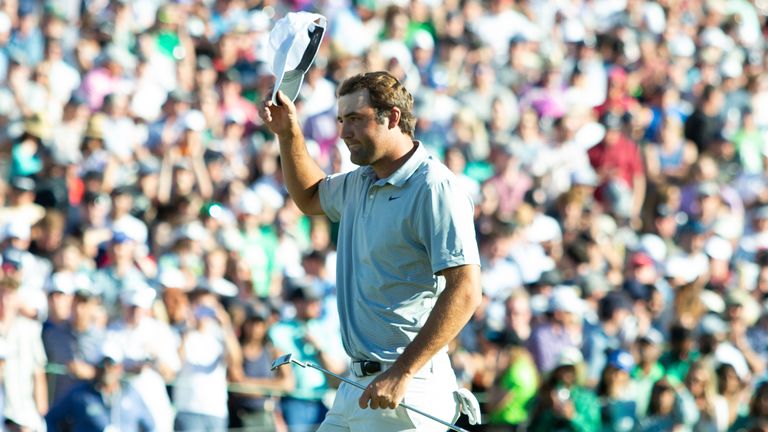 SCOTTSDALE, AZ - FEBRUARY 13: Scott Scheffler saultes the fans after tying with Patrick Cantley going into overtime during the final round of the Waste Management Phoenix Open on February 13, 2022, at TPC Scottsdale in Scottsdale, AZ. (Photo by Zachary BonDurant/Icon Sportswire) (Icon Sportswire via AP Images)