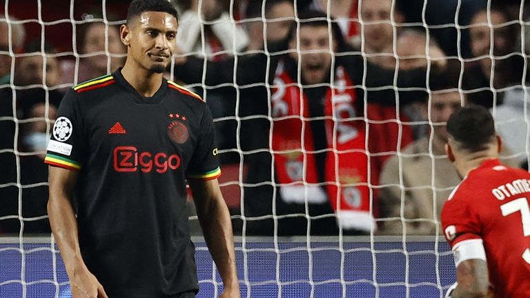 Jurgen Timber of Ajax, Sebastien Haller of Ajax, Nicolas Otamendi or SL Benfica during the Champions League match between Benfica and Ajax at Estadio da Luz on February 23, 2022 in Lisbon