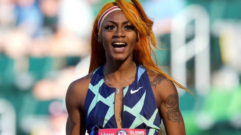 Sha'Carri Richardson celebrates after winning the first heat of the semis finals in women's 100-meter runat the U.S. Olympic Track and Field Trials in Eugene, Ore.  Richardson cannot run in the Olympic 100-meter race after testing positive for a chemical found in marijuana.  Richardson, who won the 100 at Olympic trials in 10.86 seconds on June 19, told of her ban Friday, July 2 on the ...Today Show....(AP Photo/Ashley Landis)