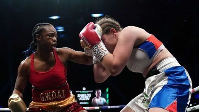 Claressa Shields (left) and Ema Kozin in the WBC/WBA/IBF World Middleweight Titles at Motorpoint Arena Cardiff.