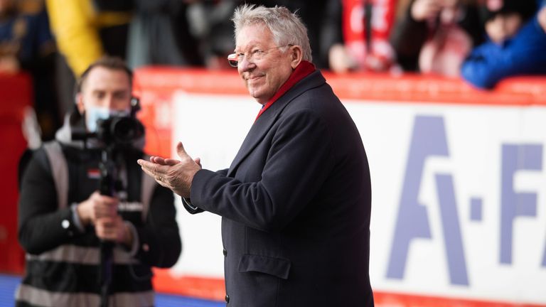 ABERDEEN, SCOTLAND - FEBRUARY 26: Sir Alex Ferguson during a Cinch Premiership match between Aberdeen and Dundee United at Pittodrie Stadium, on February 26, in Aberdeen, Scotland.  (Photo by Mark Scates / SNS Group)