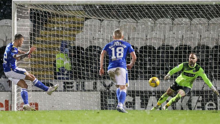 PAISLEY, SCOTLAND - FEBRUARY 09: St Johnstone's Callum Hendry scores to make it 1-0 during a cinch Premiership match between St. Mirren and St Johnstone at the SMISA Stadium, on February 09, 2022, in Paisley, Scotland. (Photo by Alan Harvey / SNS Group)
