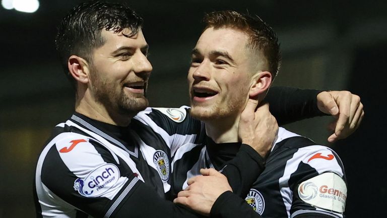 PAISLEY, SCOTLAND - FEBRUARY 09: St Mirren's Connor Ronan celebrates making it 1-1 with Jordan Jones during a cinch Premiership match between St. Mirren and St Johnstone at the SMISA Stadium, on February 09, 2022, in Paisley, Scotland. (Photo by Alan Harvey / SNS Group)