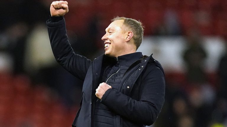 Nottingham Forest manager Steve Cooper celebrates after the final whistle following the Emirates FA Cup fourth round match at the City Ground, Nottingham. Picture date: Sunday February 6, 2022.