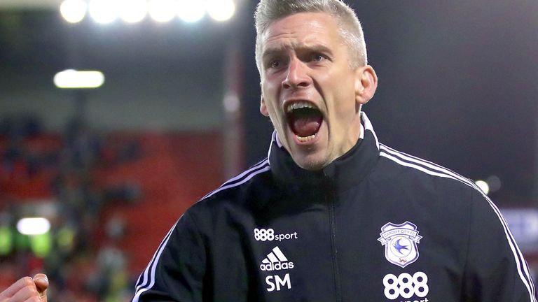 Cardiff City manager Steve Morison celebrates at the end of the Sky Bet Championship match at Oakwell Stadium, Barnsley. Picture date: Wednesday February 2, 2022.