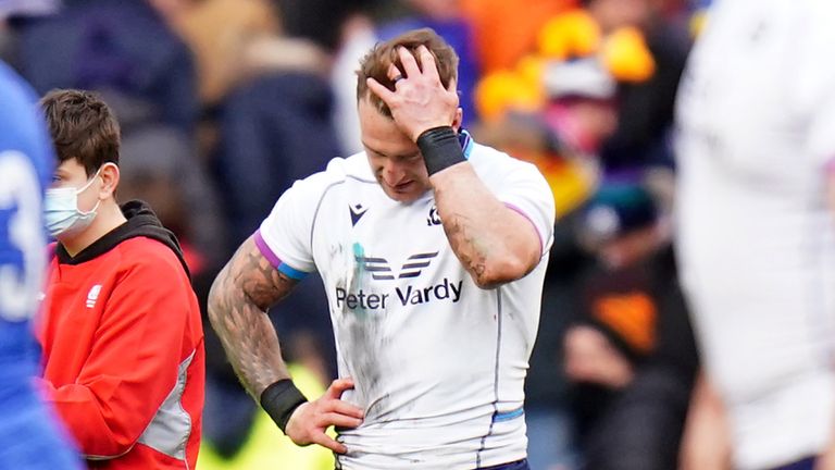 Stuart Hogg looks dejected at full time of Scotland's defeat to France