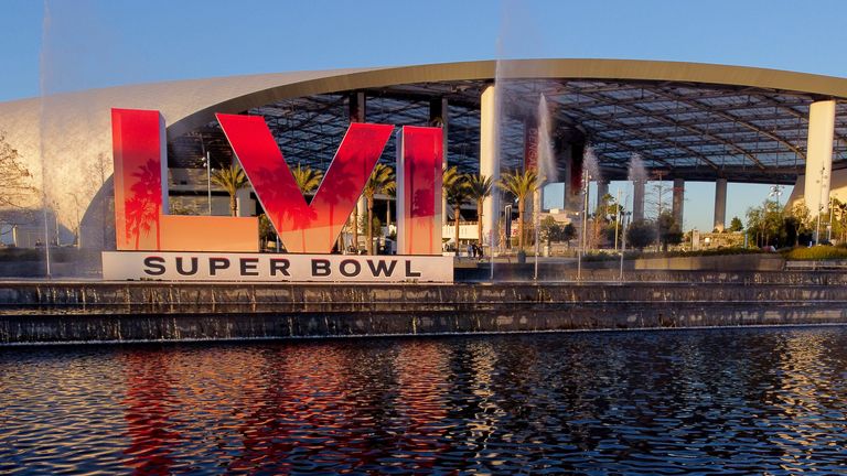 SoFi Stadium is seen Friday, Feb. 4, 2022, in Inglewood, Calif. SoFi Stadium is the site of Super Bowl LVI scheduled to be played on Sunday, Feb. 13, 2022. (AP Photo/Morry Gash)