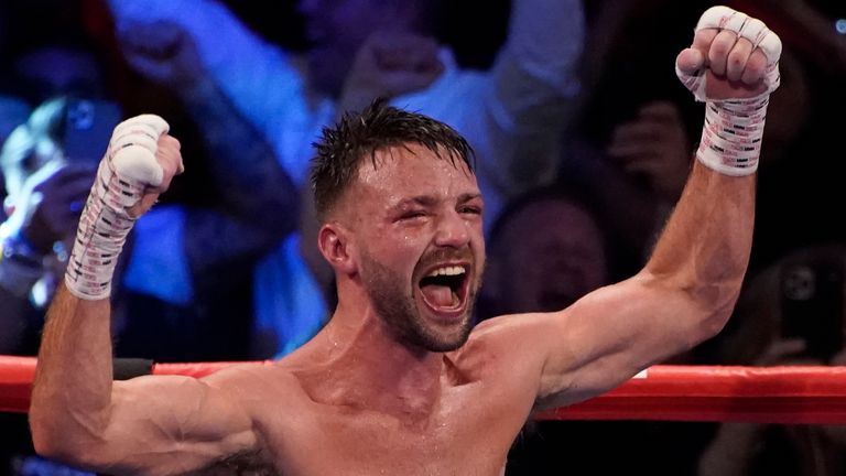 Josh Taylor celebrates after defeating Jose Ramirez by unanimous decision in a junior welterweight title boxing bout Saturday, May 22, 2021, in Las Vegas. 