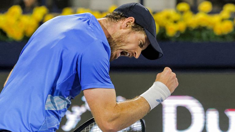 Andy Murray of Britain reacts after winning his ATP Dubai Duty Free Tennis Championship round of 32 match against Christopher O&#39;Connell of Australia in the Gulf emirate of Dubai on February 21, 2022.