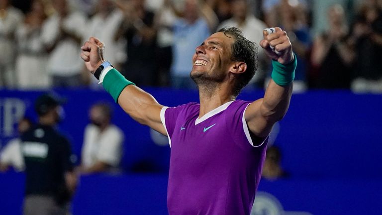 Spain&#39;s Rafael Nadal celebrates after defeating Britain&#39;s Cameron Norrie in the final match at the Mexican Open tennis tournament in Acapulco, Mexico, Saturday, Feb. 26, 2022. 