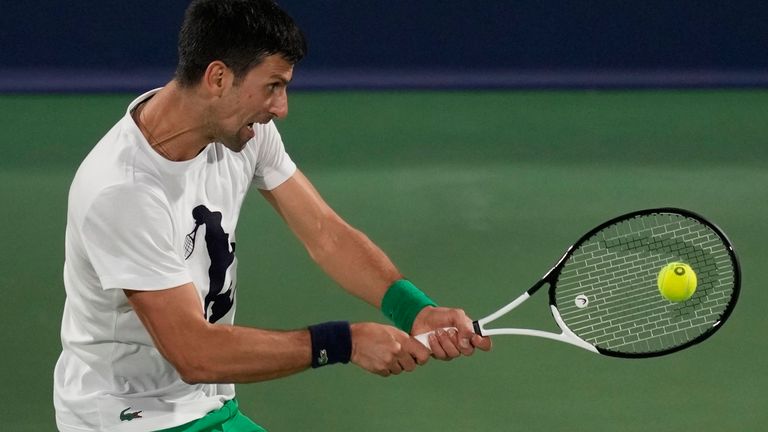 Novak Djokovic trains a day ahead of the Dubai Duty Free Tennis Championship