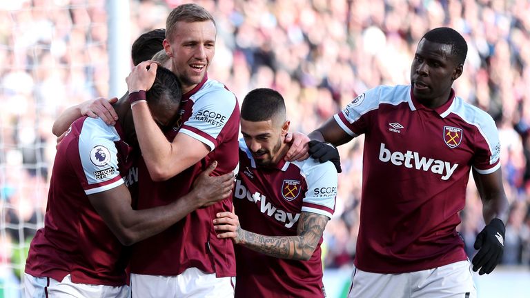 Tomas Soucek celebrates after giving West Ham the lead against Wolves