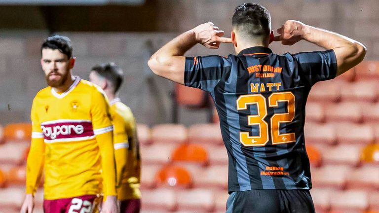 DUNDEE, SCOTLAND - FEBRUARY 09: Dundee United's Tony Watt celebrates making it 2-0 during a cinch Premiership match between Dundee United and Motherwell at Tannadice Park, on February 09, 2022, in Dundee, Scotland. (Photo by Roddy Scott / SNS Group)