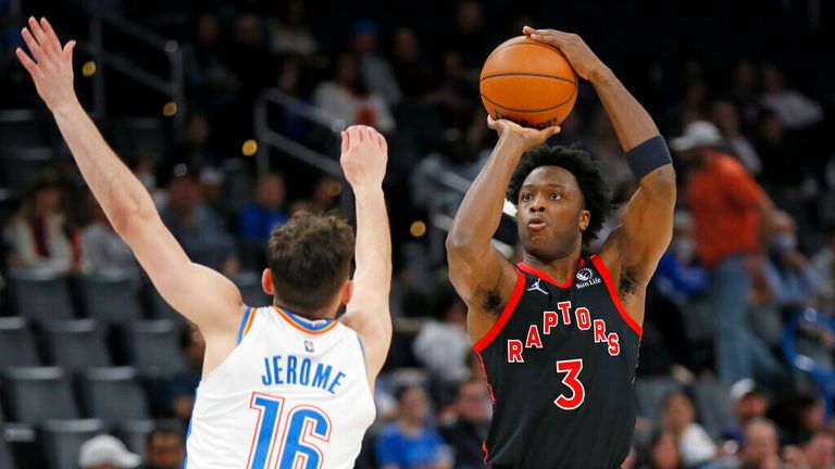 Toronto Raptors forward OG Anunoby (3) shoots over Oklahoma City Thunder guard Ty Jerome (16) in the first half of an NBA basketball game Wednesday, Feb. 9, 2022, in Oklahoma City. (AP Photo/Nate Billings)