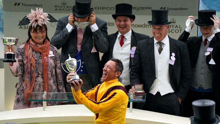 Frankie Dettori celebrates winning at Royal Ascot on Campanelle