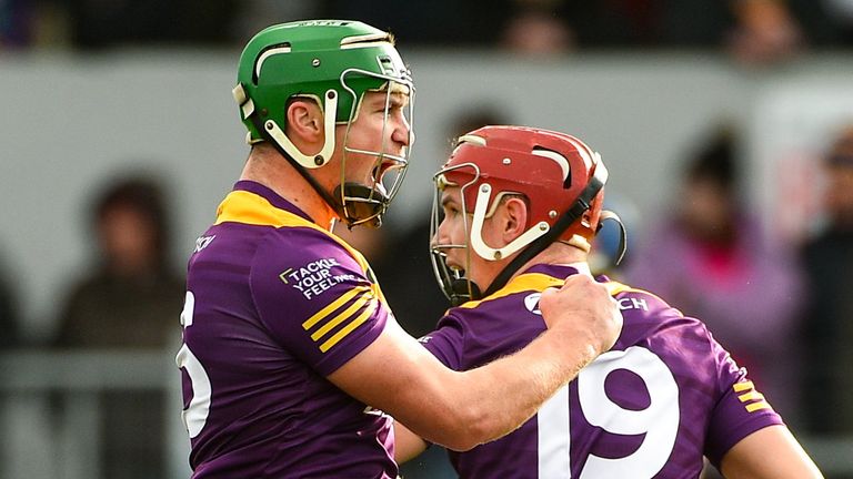 13 February 2022; Conor McDonald of Wexford celebrates after scoring a point to put his side one point ahead during the second half of the Allianz Hurling League Division 1 Group A match between Clare and Wexford at Cusack Park in Ennis, Clare. Photo by Diarmuid Greene/Sportsfile