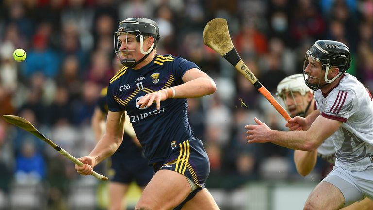 27 February 2022; Jack O'Connor of Wexford in action against Padraic Mannion of Galway during the Allianz Hurling League Division 1 Group A match between Galway and Wexford at Pearse Stadium in Galway. Photo by Diarmuid Greene/Sportsfile