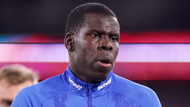 West Ham United's Kurt Zouma warms up ahead of the Premier League match at the London Stadium, UK. Picture date: Tuesday February 8, 2022.
