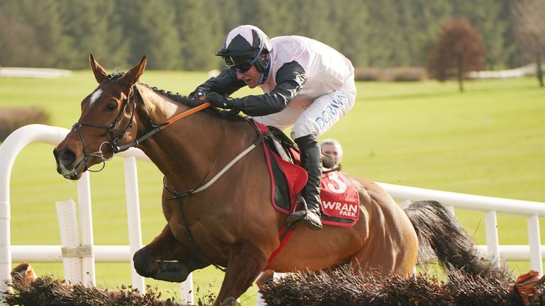 Teahupoo ridden by Robbie Power jumps the last to win The Red Mills Trial Hurdle