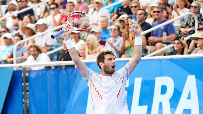 FL - February, 20 - Delray Beach: Cameron Norrie(GBR) celebrating here, defeats Rielly Opelka(USA) 76(1) 76(4) to win the 2022 Delray Beach Open by Vitacost Championship held in Delray Beach, FL. Delray Beach, Florida. February 20, 2022.