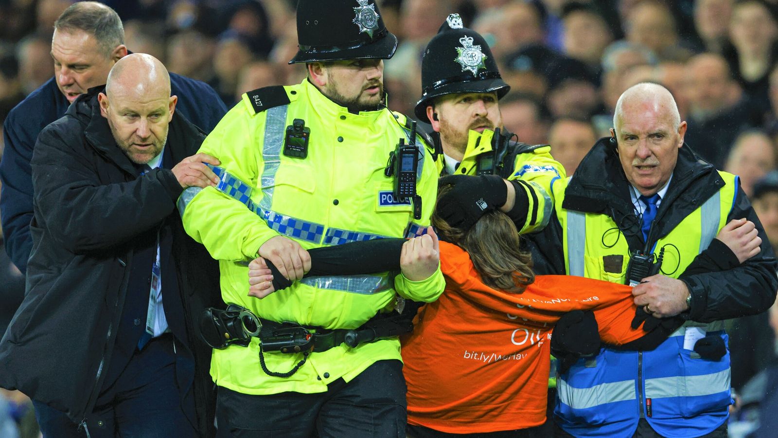 Man charged after tying himself to goal post in protest during Everton-Newcastle