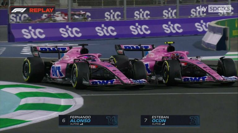Alpine team-mates Fernando and Esteban Ocon battle it out for sixth spot early on in the Saudi Arabian Grand Prix.