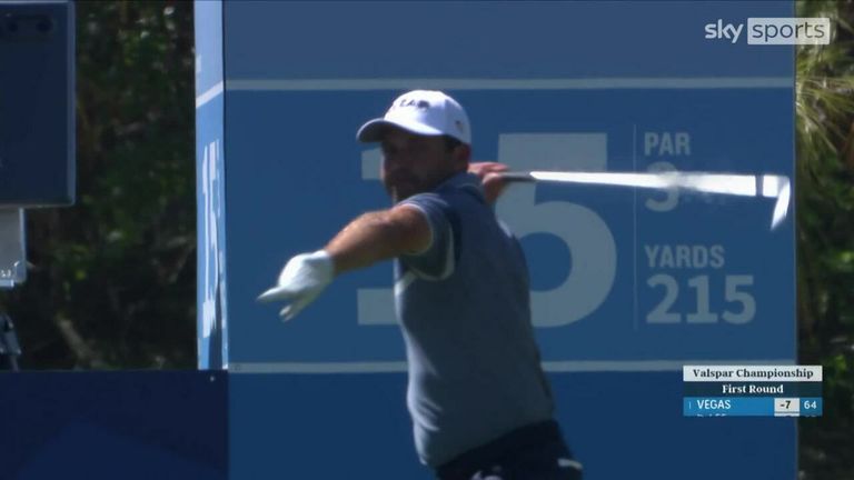 Charl Schwartzel gets frustrated after a bad tee shot and throws his club to the floor in anger the Valspar Championship.