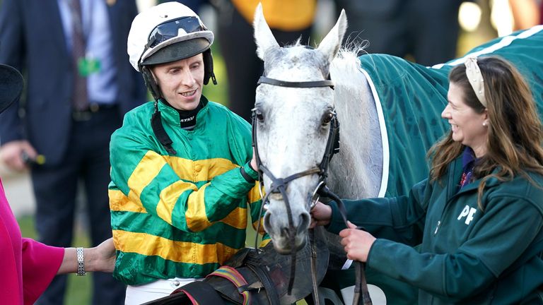 Jockey Mark Walsh celebrates with horse Elimay after winning the Mrs Paddy Power Mares&#39; Chase during day four of the Cheltenham Festival at Cheltenham Racecourse. Picture date: Friday March 18, 2022.