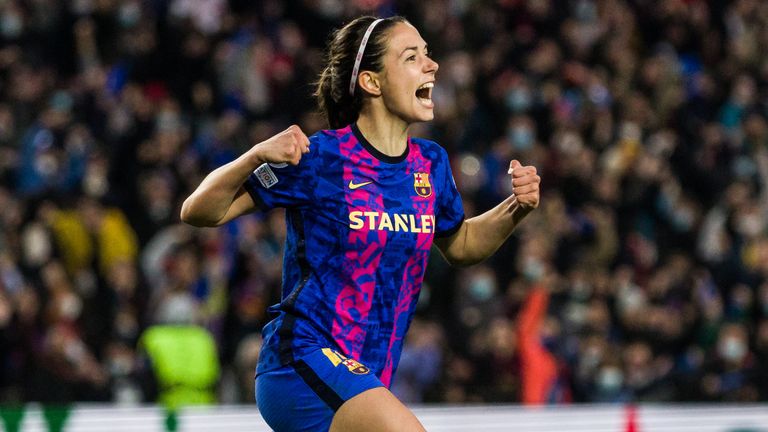 Aitana Bonmati celebrates after scoring for Barcelona