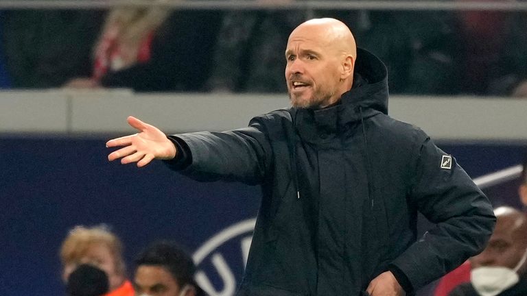 Ajax&#39;s head coach Erik ten Hag gives instructions to his players during the Champions League, round of 16, second leg soccer match between Ajax and Benfica at the Johan Cruyff ArenA