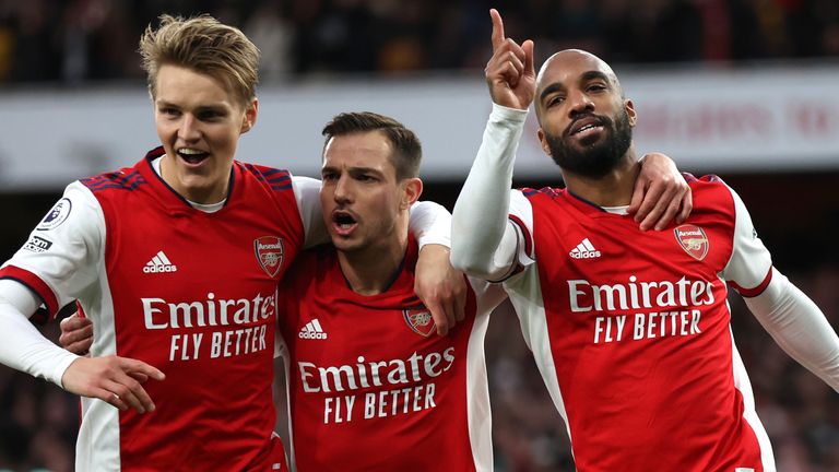 Alexandre Lacazette celebrates after his penalty gave Arsenal a 2-0 lead over Leicester