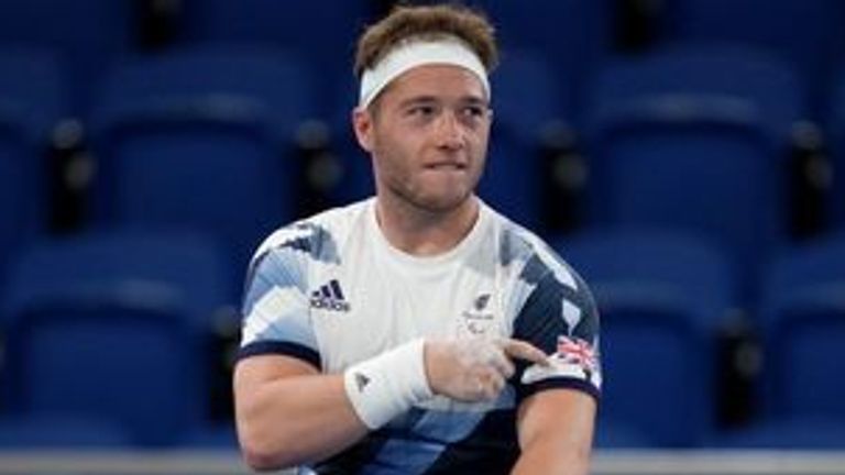 Great Britain's Alfie Hewett celebrates winning the match against France's Nicolas Peifer in the Wheelchair Tennis Men's Singles Quarterfinals at the Ariake Tennis Park during day eight of the Tokyo 2020 Paralympic Games in Japan. Picture date: Wednesday September 1, 2021.