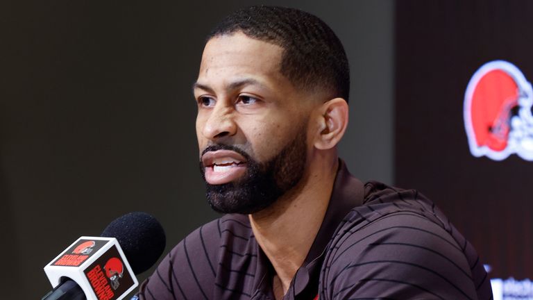 Cleveland Browns general manager Andrew Berry speaks during a news conference at the NFL football team's training facility, Friday, March 25, 2022, in Berea, Ohio. (AP Photo/Ron Schwane)