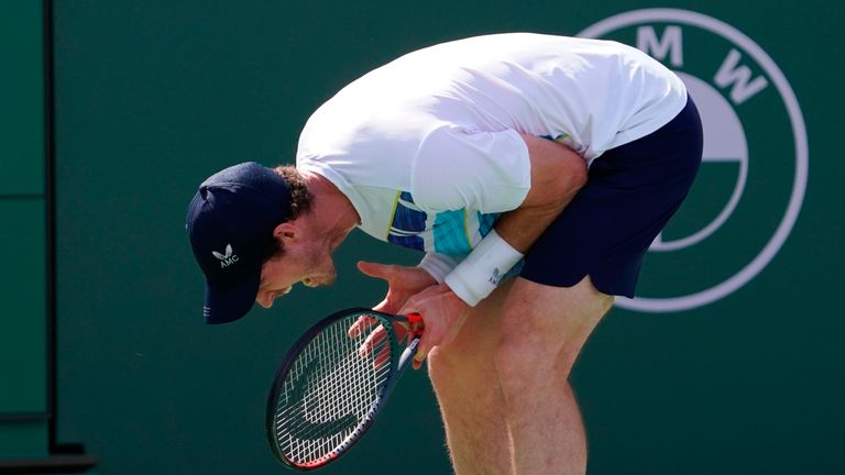 Andy Murray reacts to losing a point to Alexander Bublik, of Kazakhstan at Indian Wells 2022 (Associated Press)