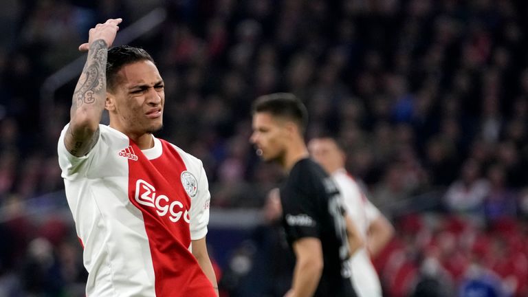 Ajax's Antony reacts during the Champions League, round of 16, second leg soccer match between Ajax and Benfica at the Johan Cruyff ArenA