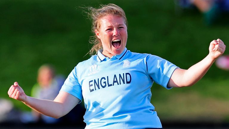 Anya Shrubsole celebrates after dismissing Laura Wolvaardt for a duck