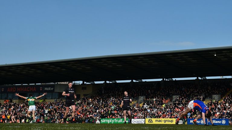 20 March 2022; David Clifford of Kerry celebrates after scoring his side's first goal during the Allianz Football League Division 1 match between Armagh and Kerry at the Athletic Grounds in Armagh. Photo by Ramsey Cardy/Sportsfile