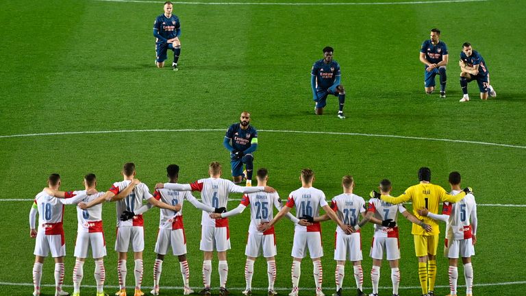 Arsenal players took the knee when they faced Slavia Prague in the Europa League quarter-finals following the incident between Glen Kamara and Ondrej Kudela